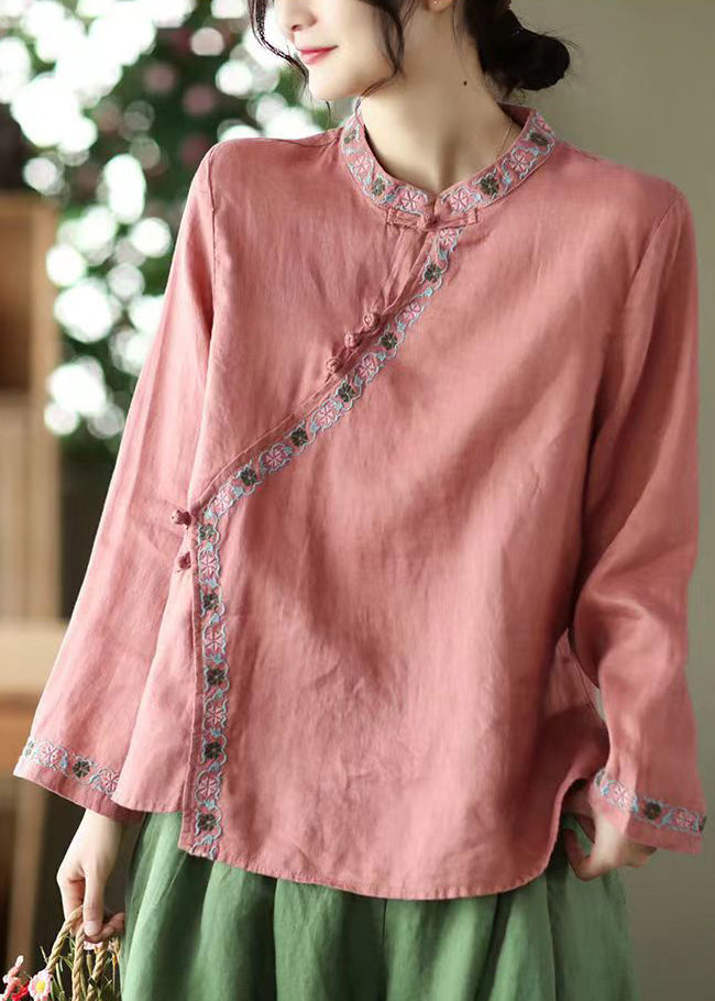 Red Stand Collar Embroideried Linen Shirt Top Long Sleeve
