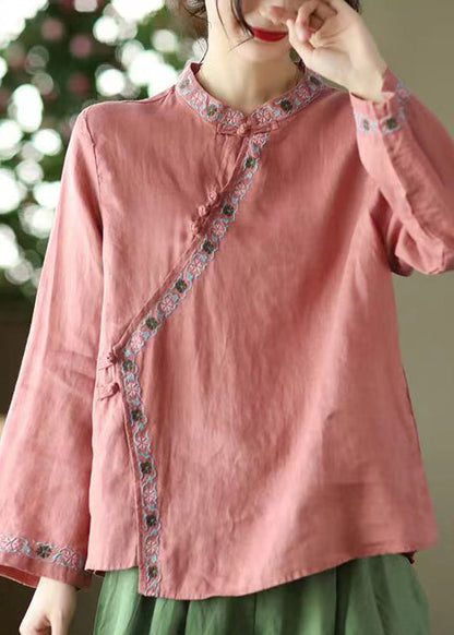 Vintage Red Stand Collar Embroideried Linen Shirt Top Long Sleeve