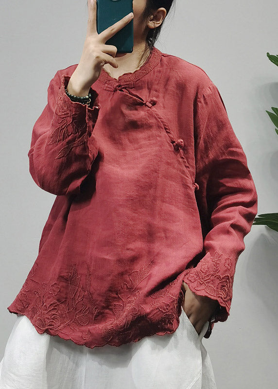 Red Stand Collar Linen Blouse Tops Long Sleeve