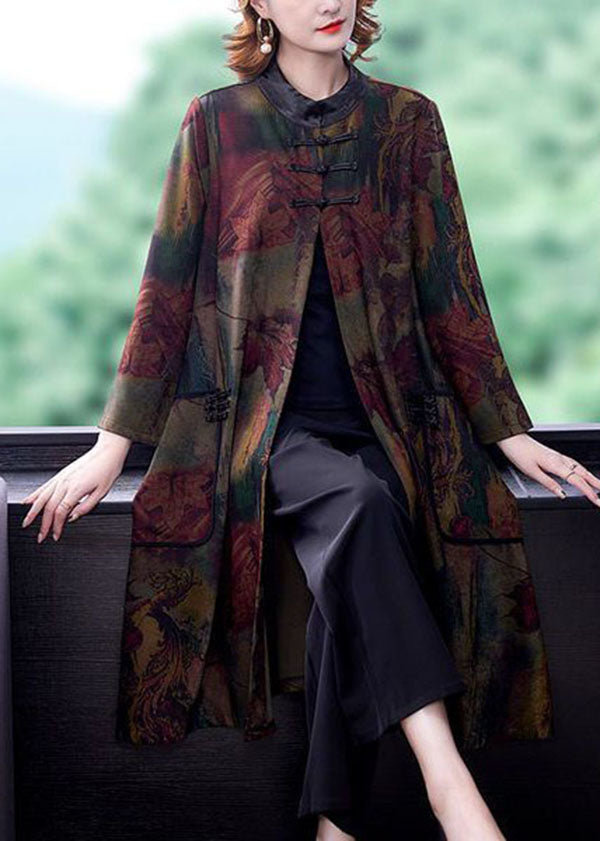 Red Stand Collar Oversized Print Silk Trench Long Sleeve