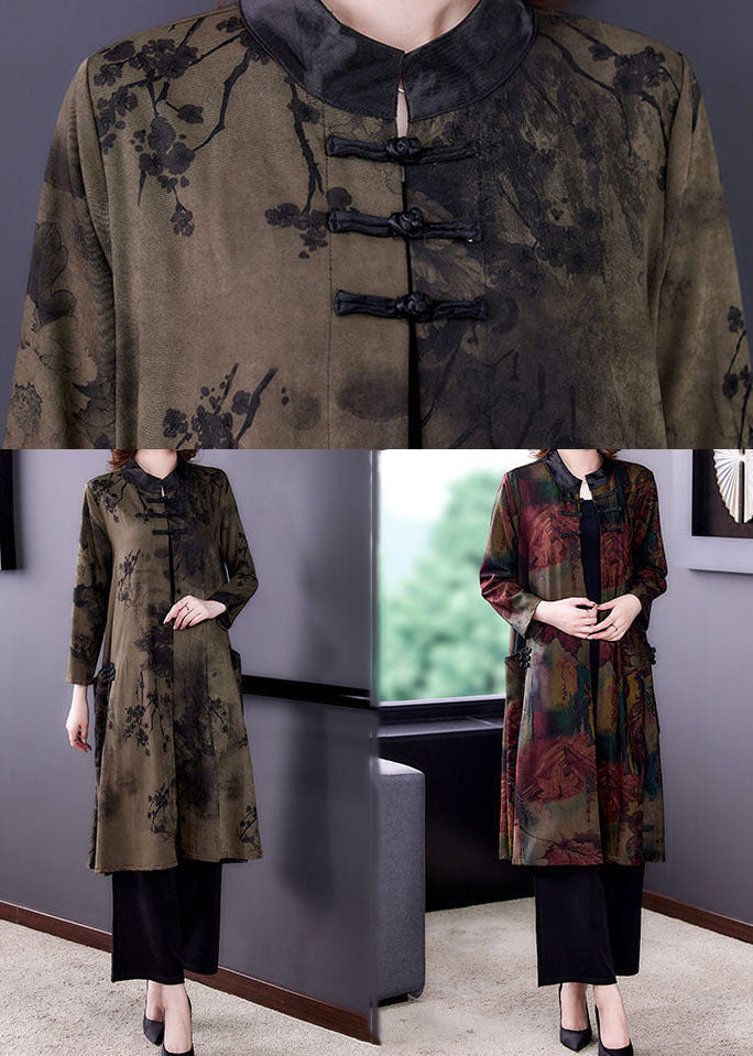 Red Stand Collar Oversized Print Silk Trench Long Sleeve