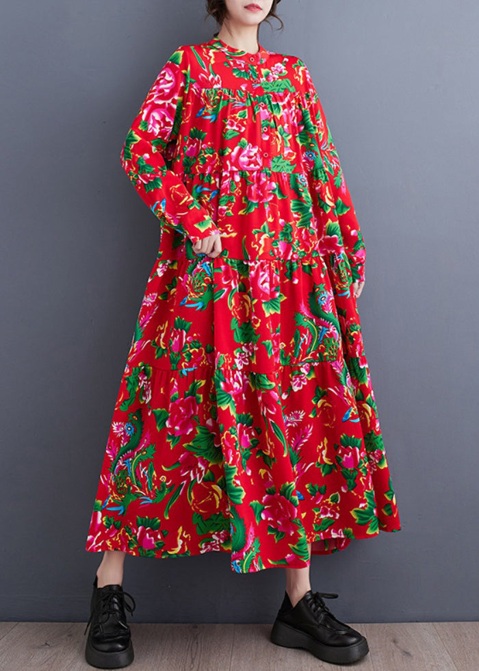 Red Stand Collar Patchwork Wrinkled Maxi Dresses Long Sleeve
