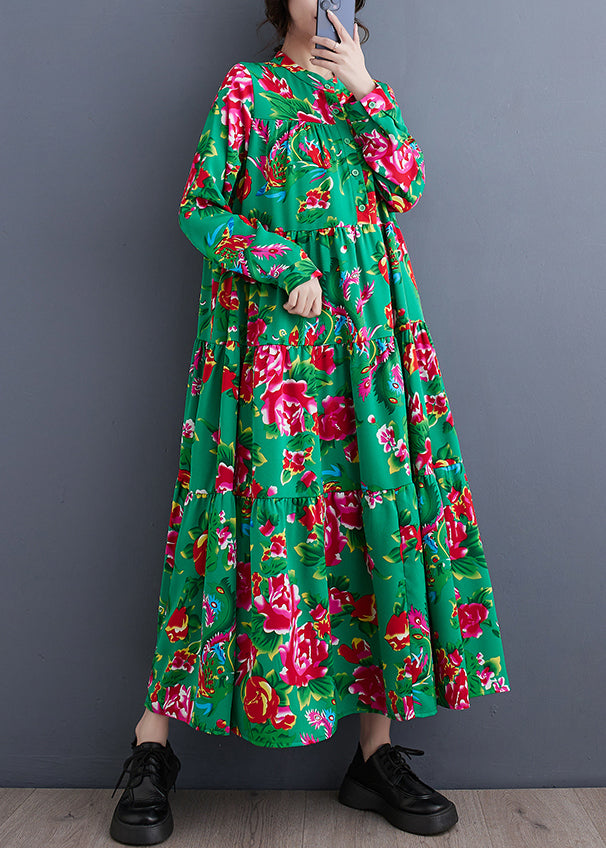 Red Stand Collar Patchwork Wrinkled Maxi Dresses Long Sleeve
