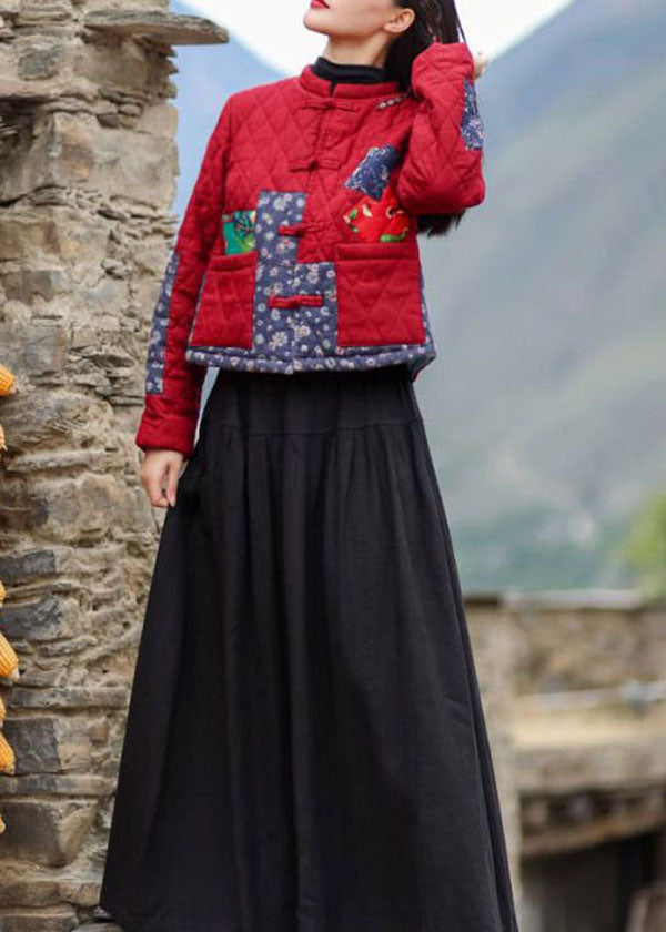 Red Stand Collar Pockets Patchwork Applique Fine Cotton Filled Coats Winter