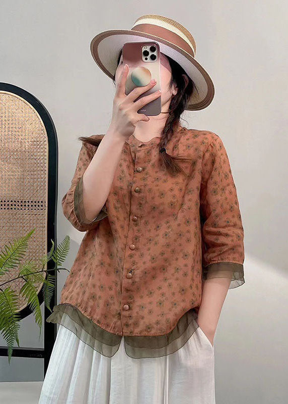 Red Stand Collar Print Button Patchwork Linen Top Summer