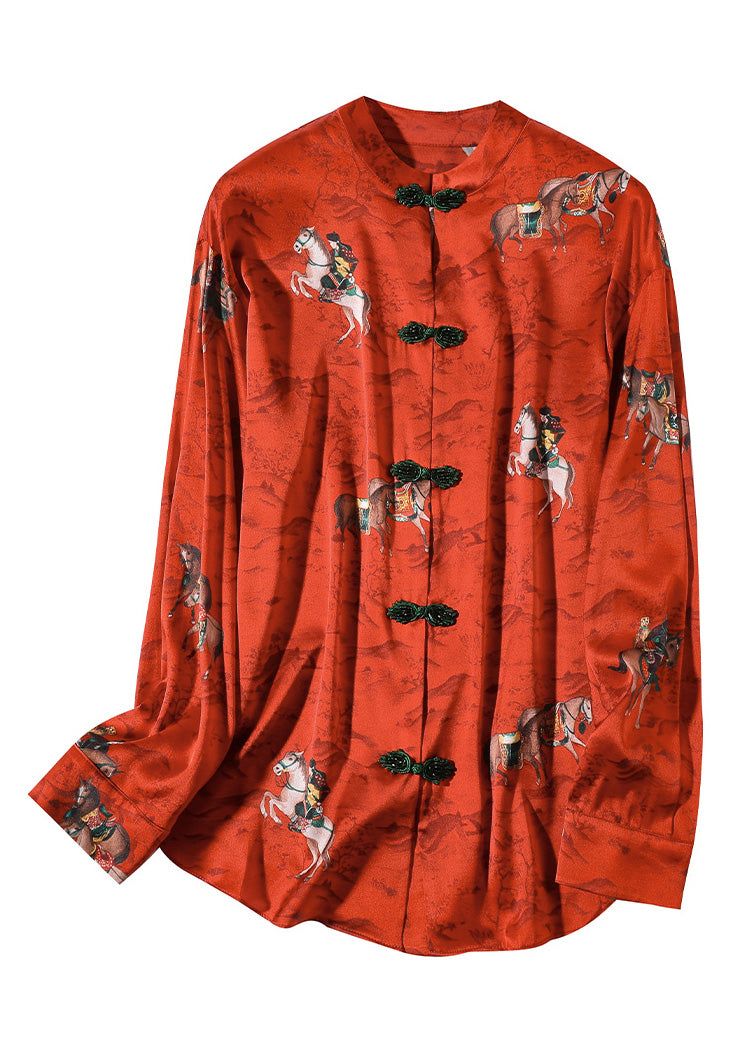 Red Stand Collar Print Button Silk Shirt Long Sleeve