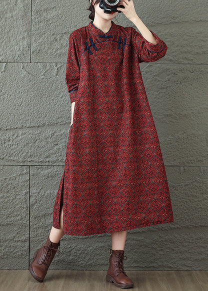 Red Stand Collar Print Oriental Button Cotton Dress Spring