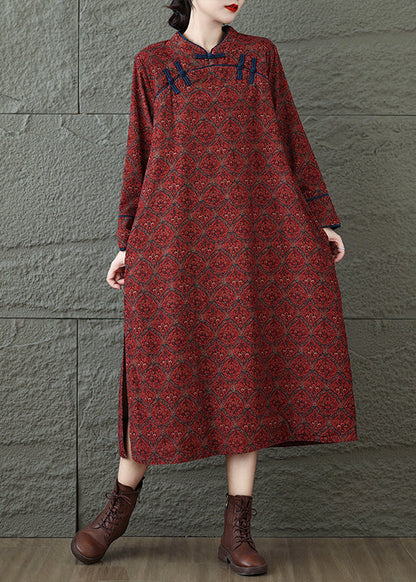 Red Stand Collar Print Oriental Button Cotton Dress Spring