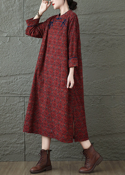 Red Stand Collar Print Oriental Button Cotton Dress Spring
