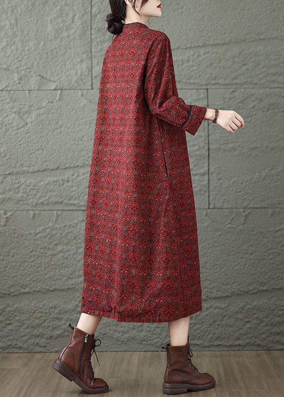 Red Stand Collar Print Oriental Button Cotton Dress Spring