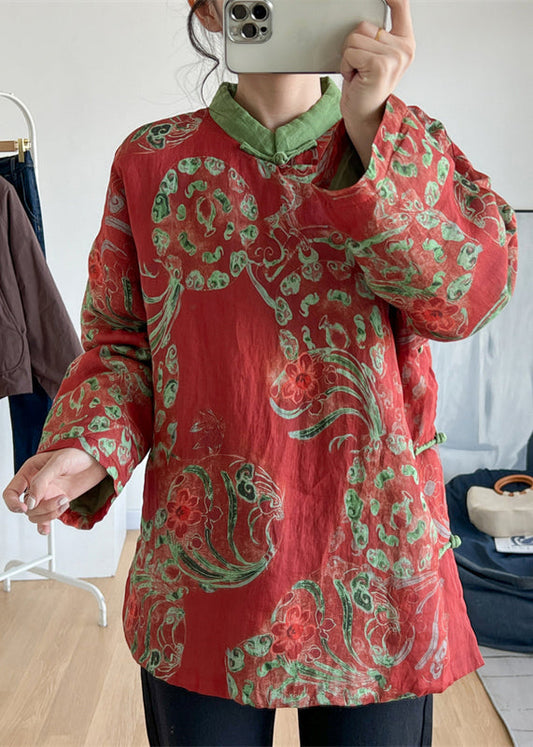 Red Stand Collar Print Oriental Button Fine Cotton Filled Top Winter