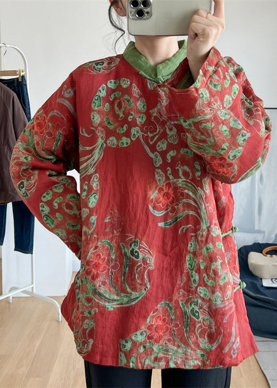 Red Stand Collar Print Oriental Button Fine Cotton Filled Top Winter
