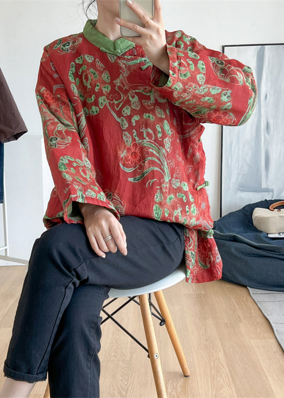 Red Stand Collar Print Oriental Button Fine Cotton Filled Top Winter