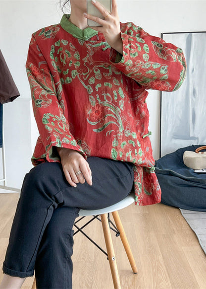 Red Stand Collar Print Oriental Button Fine Cotton Filled Top Winter