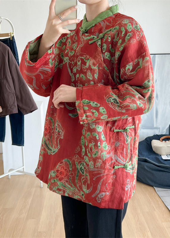 Red Stand Collar Print Oriental Button Fine Cotton Filled Top Winter