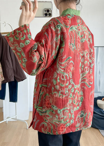 Red Stand Collar Print Oriental Button Fine Cotton Filled Top Winter