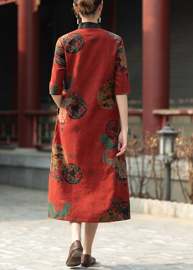 Red Stand Collar Print Pockets Silk Dresses Summer
