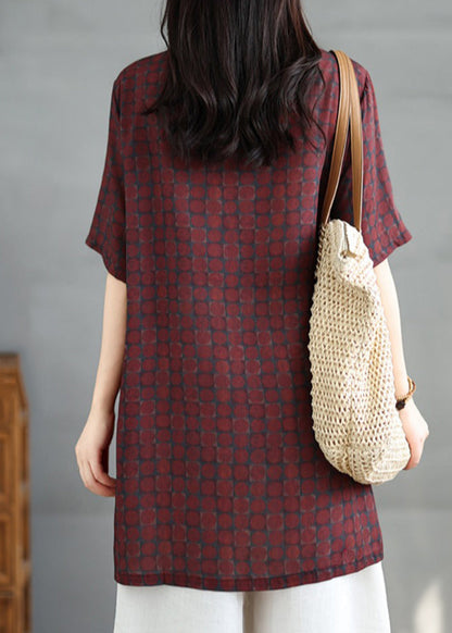 Red Stand Collar Print Side Open Cotton Dress Summer