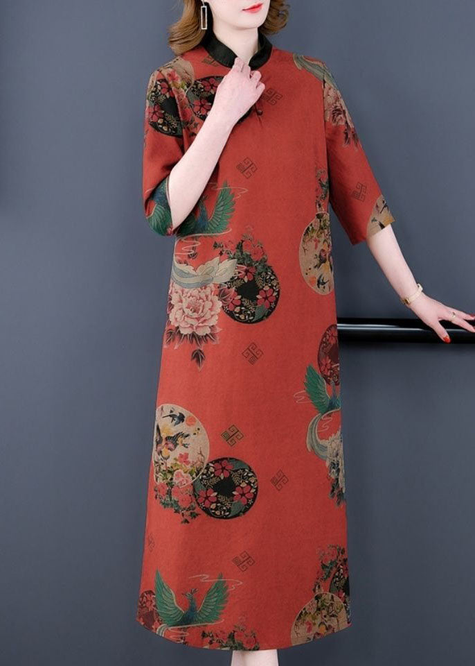 Red Stand Collar Print Silk a Line Dress Half Sleeve