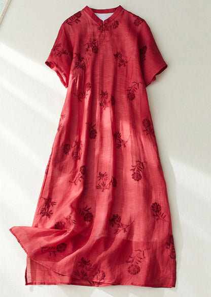 Red Stand Collar Side Open Layered Maxi Dress Short Sleeve