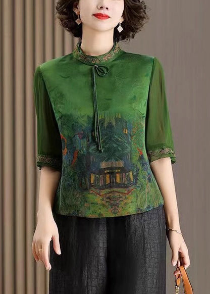 Red Stand Collar Tasseled Print Silk Shirt Tops Half Sleeve