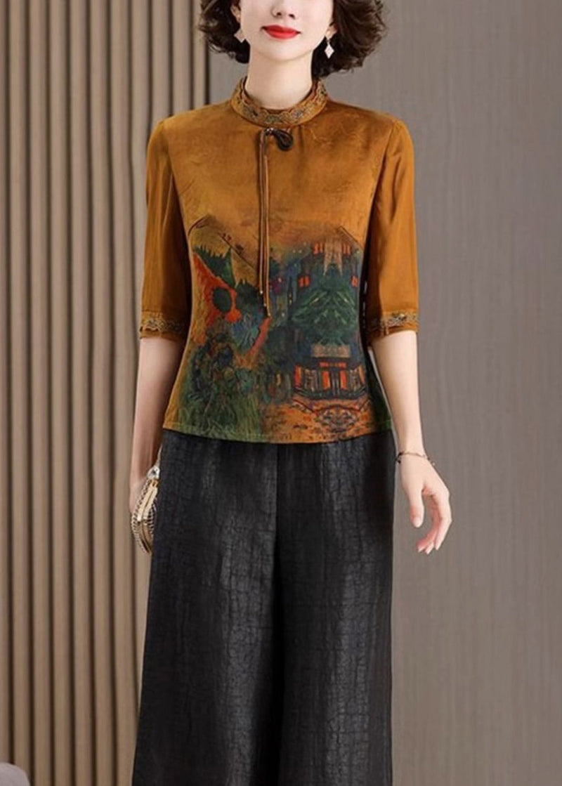 Red Stand Collar Tasseled Print Silk Shirt Tops Half Sleeve