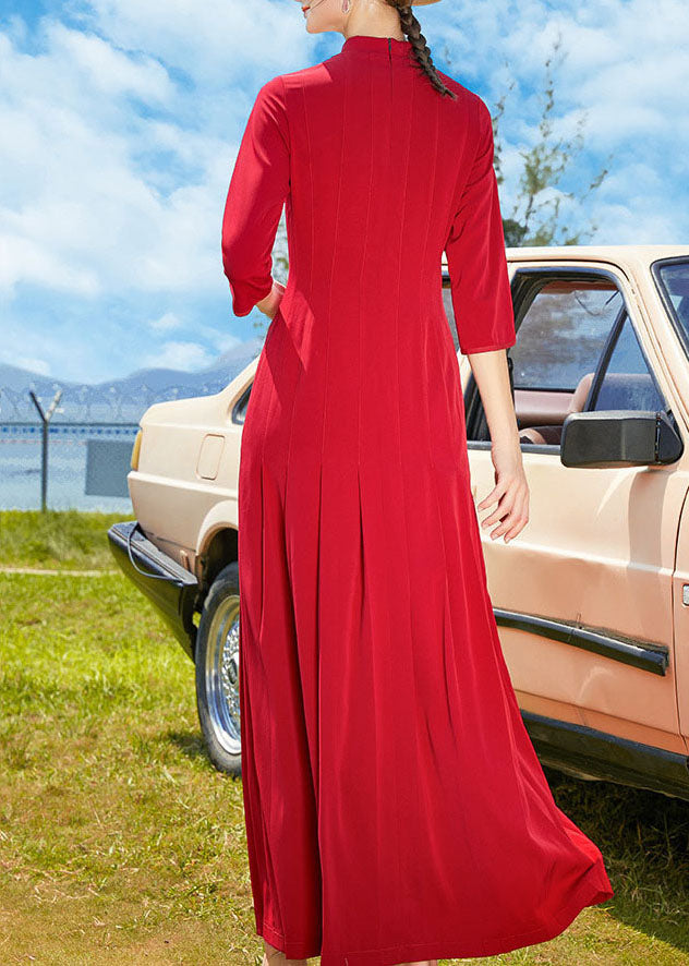 Red Stand Collar Wrinkled Chiffon Long Dresses Bracelet Sleeve