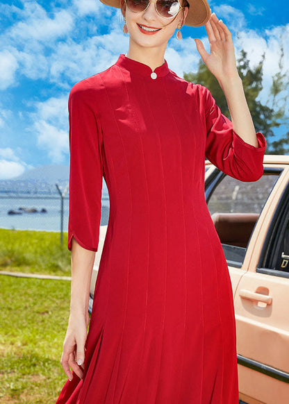 Red Stand Collar Wrinkled Chiffon Long Dresses Bracelet Sleeve