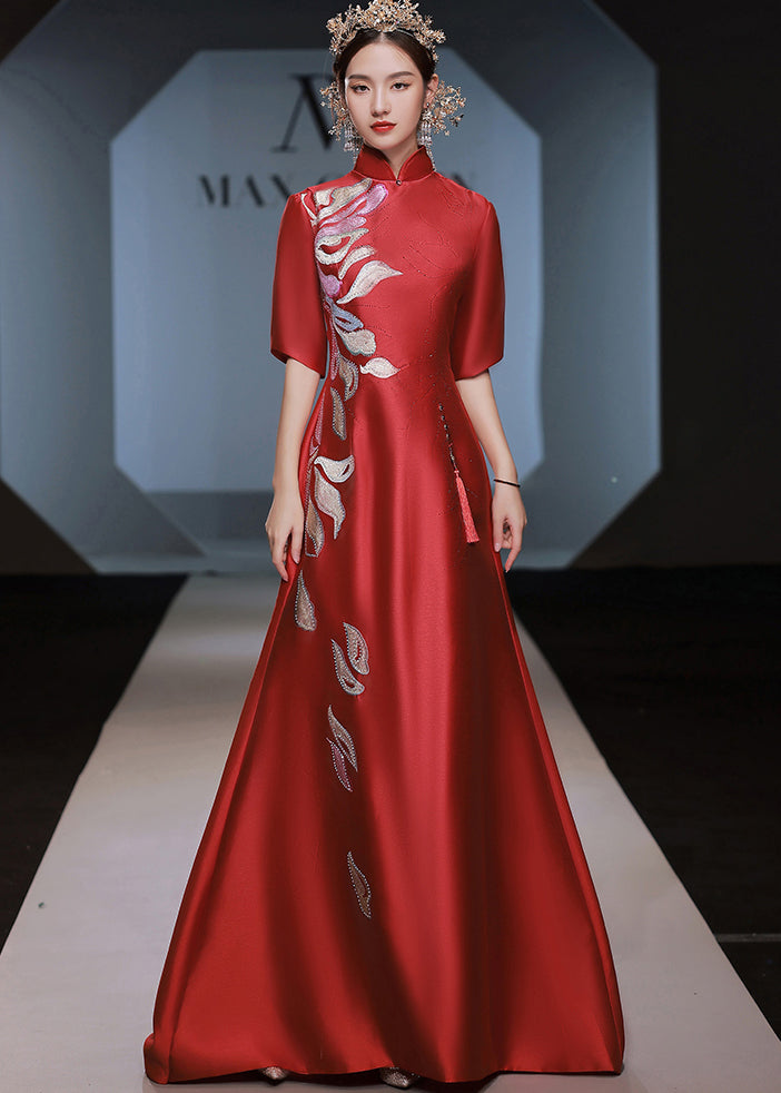 Red Stand Collar Zircon Embroidered Silk Dress Half Sleeve