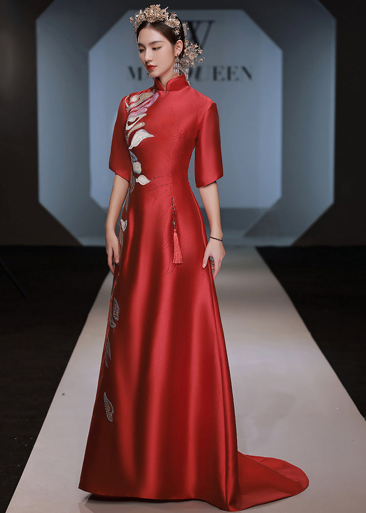 Red Stand Collar Zircon Embroidered Silk Dress Half Sleeve