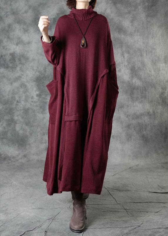 Red Turtleneck Patchwork Winter Knitted Dress
