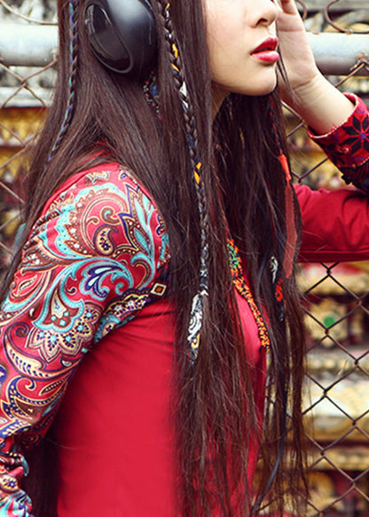 Vintage Red Turtleneck Print Cotton Tops Spring