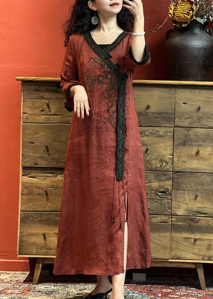 Red V Neck Embroidered Side Open Linen Dress Summer