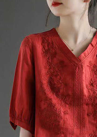 Red V Neck Embroideried Top Half Sleeve