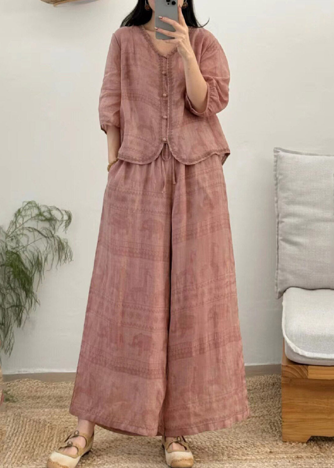 Red V Neck Patchwork Linen Shirt and Wide Leg Pants Two Pieces Set Summer