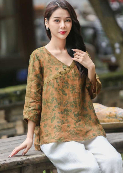 Red V Neck Print Button Patchwork Linen Shirts Top Spring