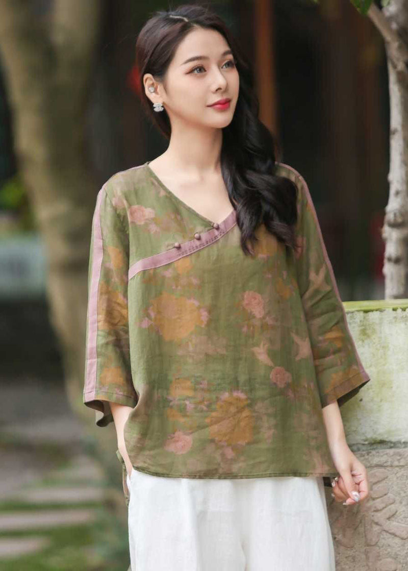 Red V Neck Print Button Patchwork Linen Shirts Top Spring
