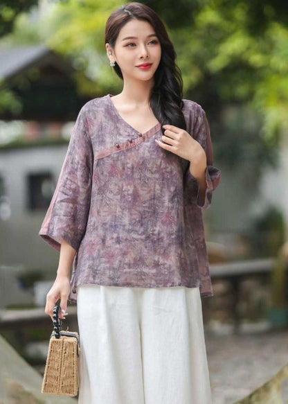 Red V Neck Print Button Patchwork Linen Shirts Top Spring