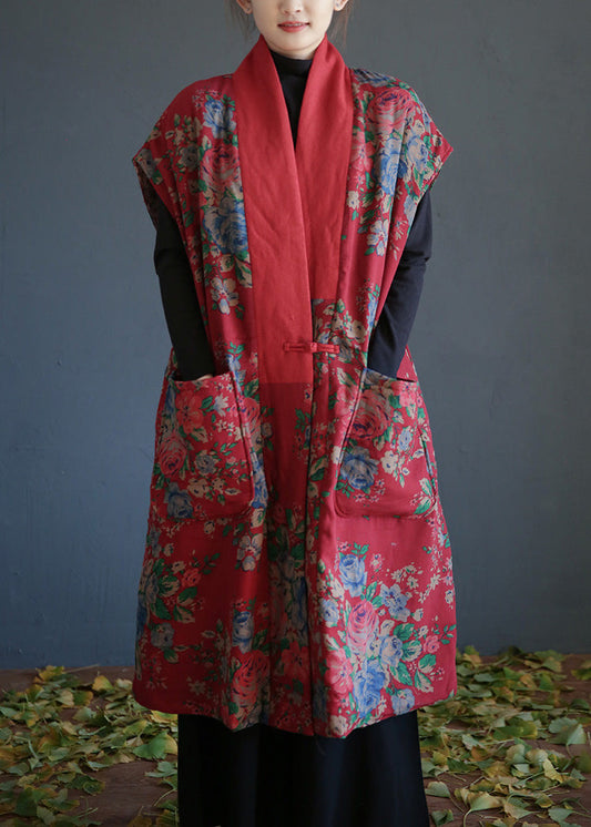 Red V Neck Print Button Warm Fleece Cotton Waistcoat Winter