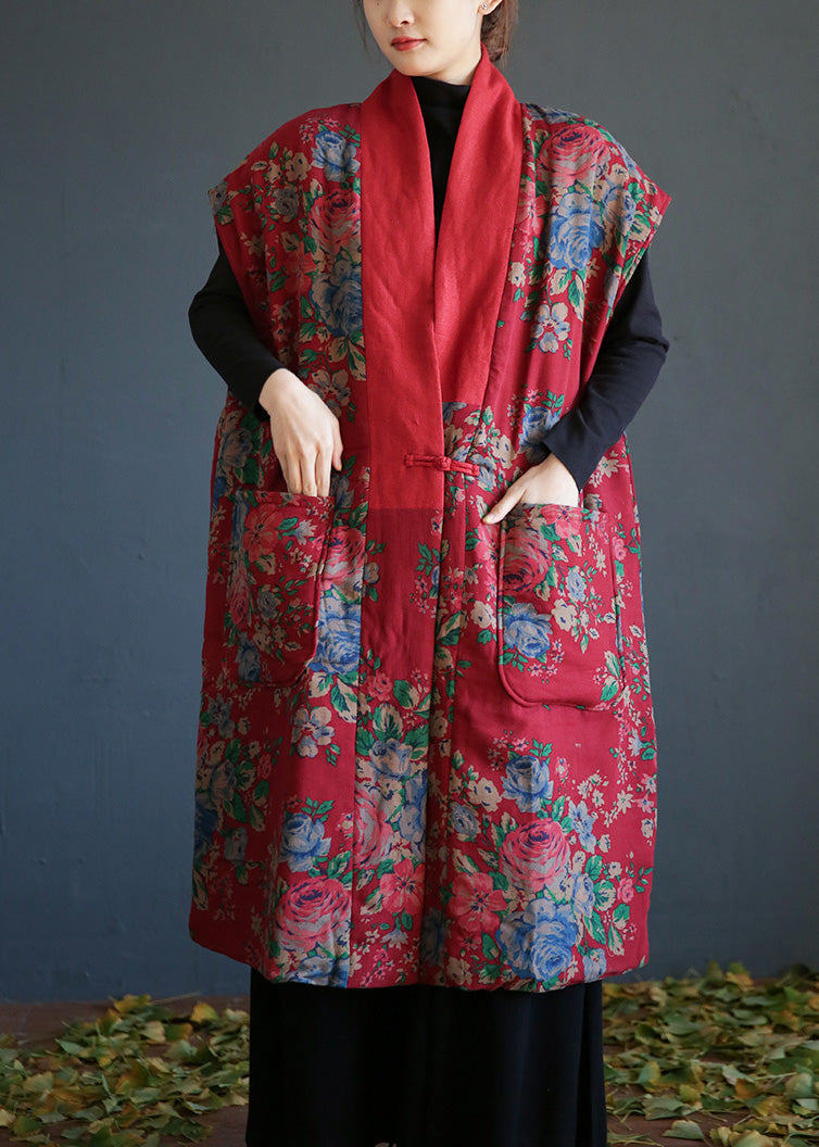 Red V Neck Print Button Warm Fleece Cotton Waistcoat Winter