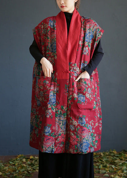 Red V Neck Print Button Warm Fleece Cotton Waistcoat Winter