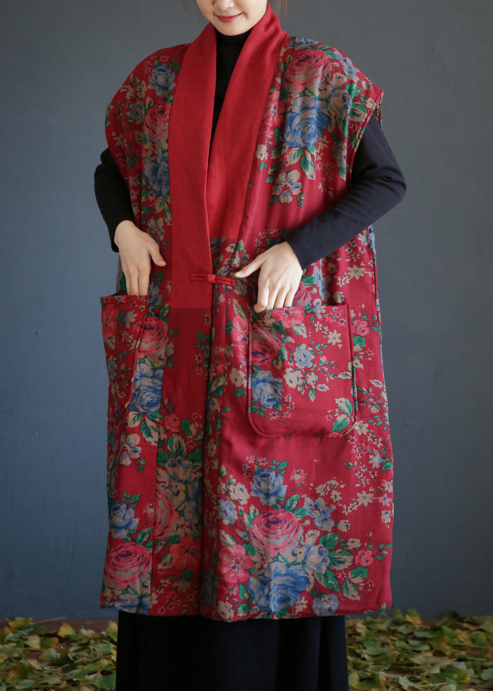 Red V Neck Print Button Warm Fleece Cotton Waistcoat Winter