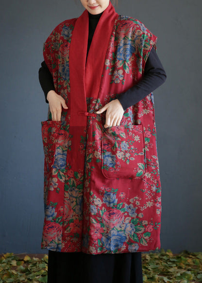 Red V Neck Print Button Warm Fleece Cotton Waistcoat Winter