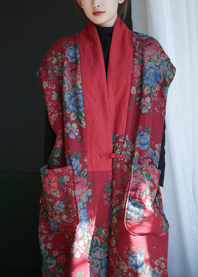 Red V Neck Print Button Warm Fleece Cotton Waistcoat Winter