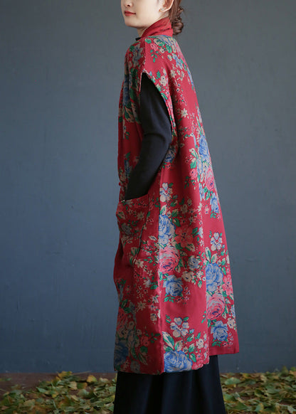 Red V Neck Print Button Warm Fleece Cotton Waistcoat Winter