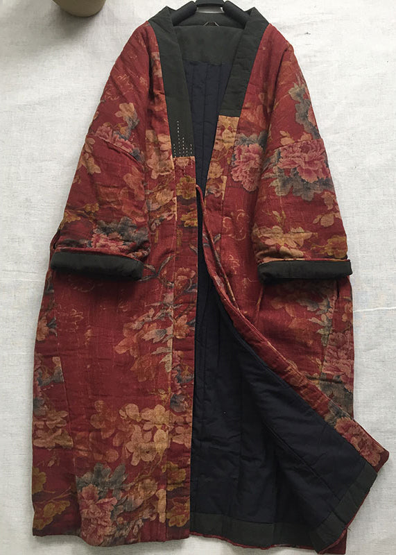 Red V Neck Print Fine Cotton Filled Long Coat Spring