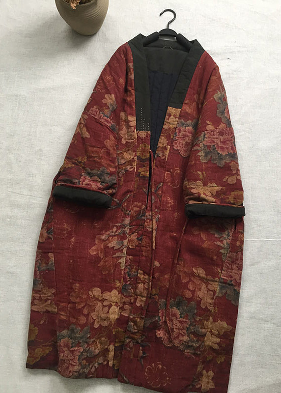 Red V Neck Print Fine Cotton Filled Long Coat Spring