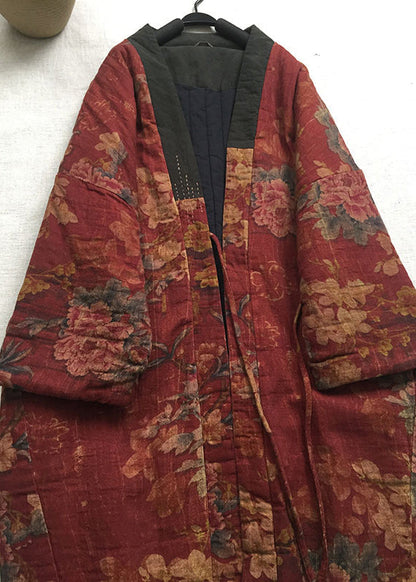 Red V Neck Print Fine Cotton Filled Long Coat Spring