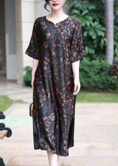 Red V Neck Print Silk Long Dress Summer