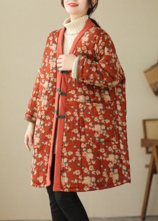 Red V Neck Print Thick Parka Winter
